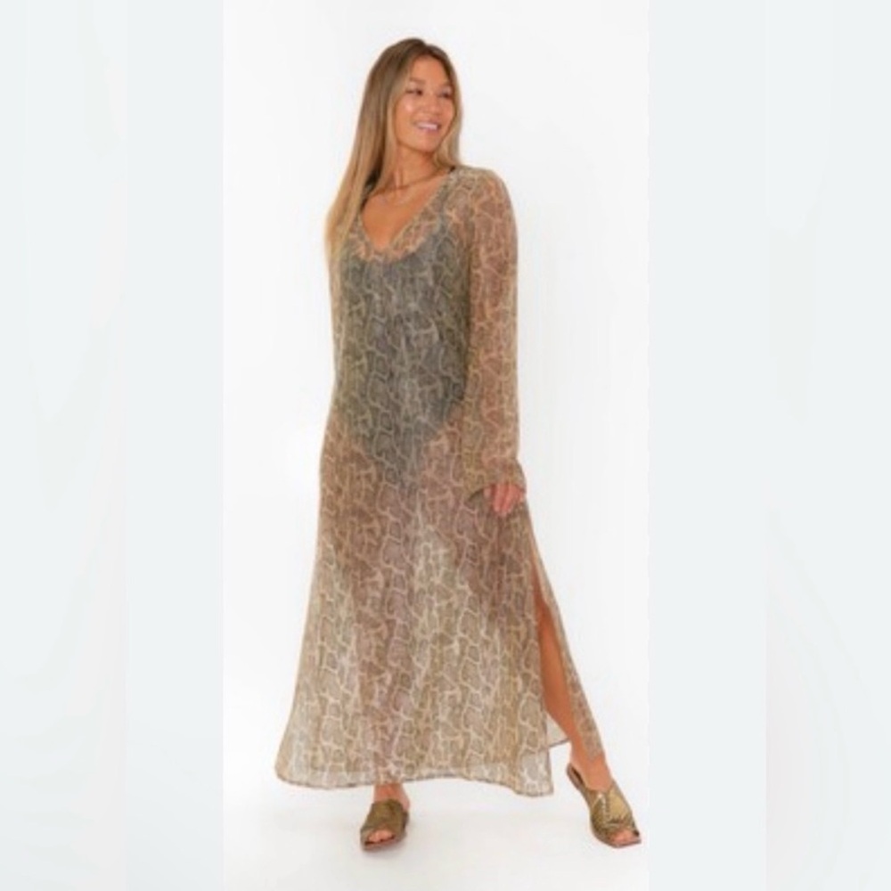 Leopard Print Women's Sheer Long Sleeve Hight Slit Swim Cover Up Dress